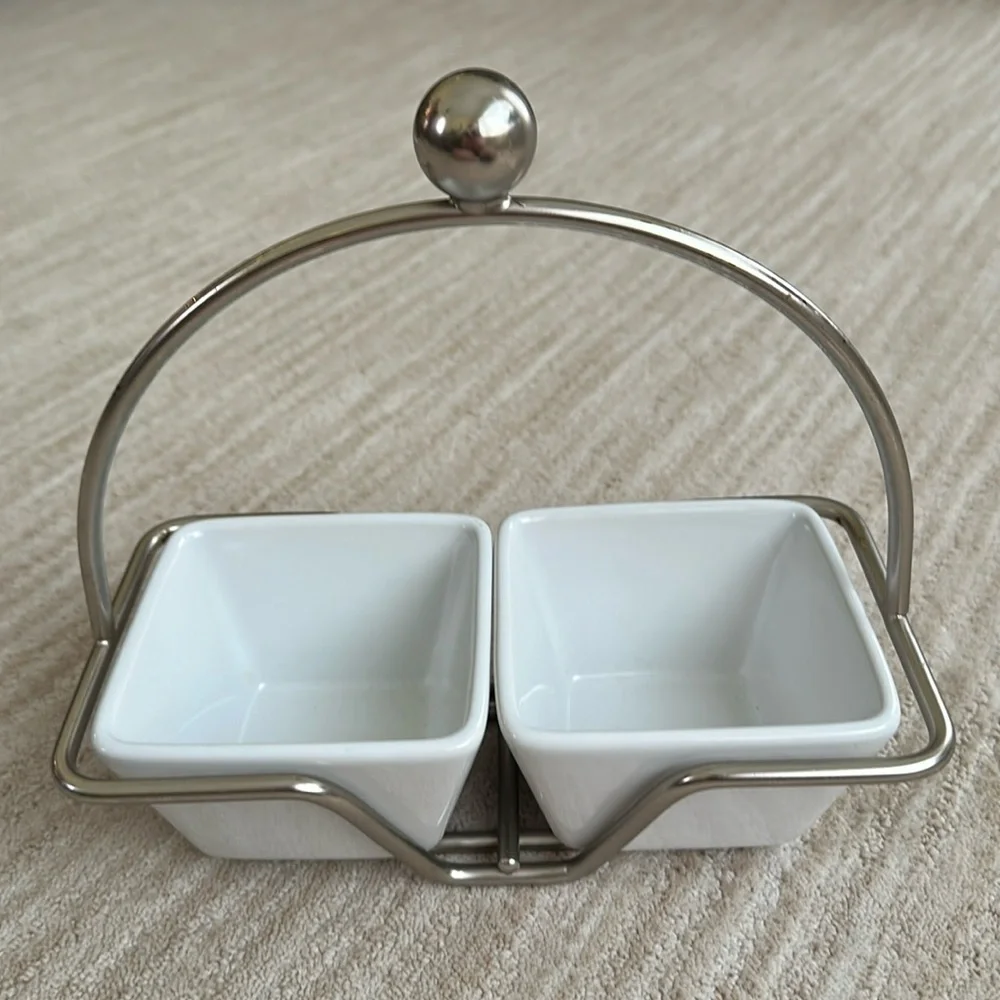 PAMPERED CHEF Simple Additions Brushed Silver Caddy w/ 2 Square White Bowls